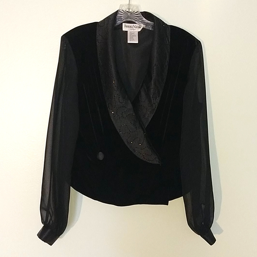 Vintage Black Velvet/Chiffon Blouse (T04)